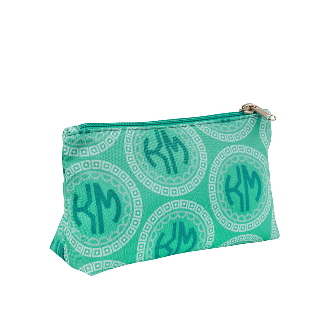 Teal monogrammed make-up bag