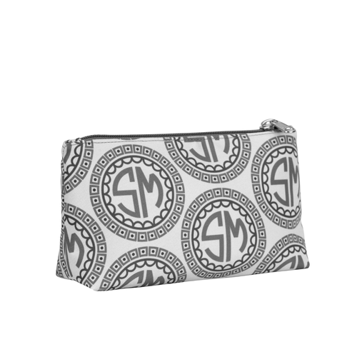 Gray toned monogram print make-up bag representing the ability to choose your own colors