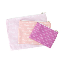 Load image into Gallery viewer, Large, medium and small sized custom name print travel bags in different shades of pink
