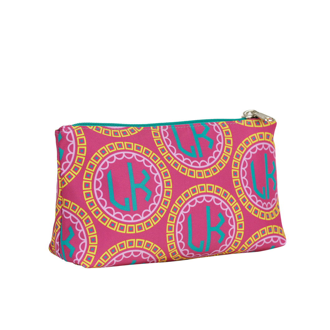 Fuchsia print monogrammed make-up bag