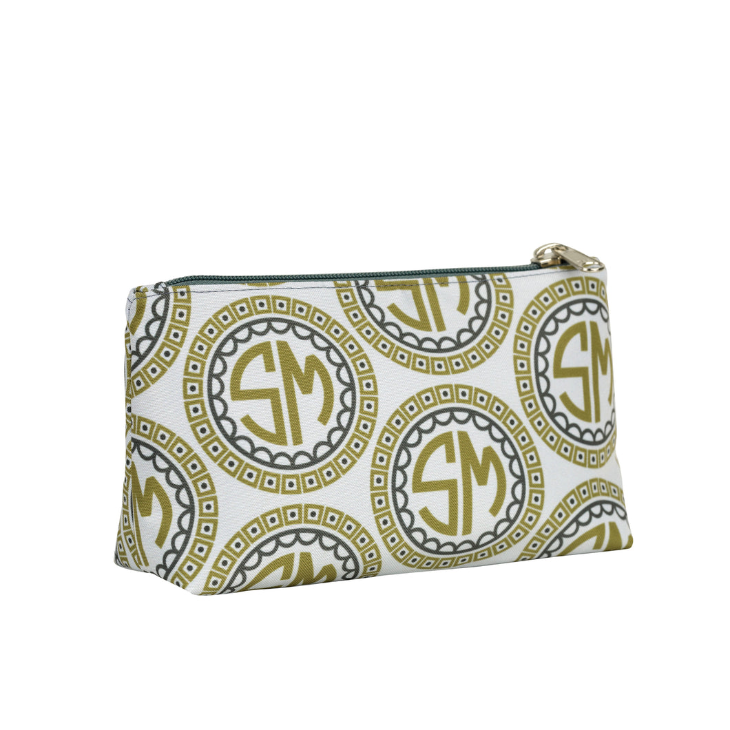 Gold and gray monogrammed make up bag