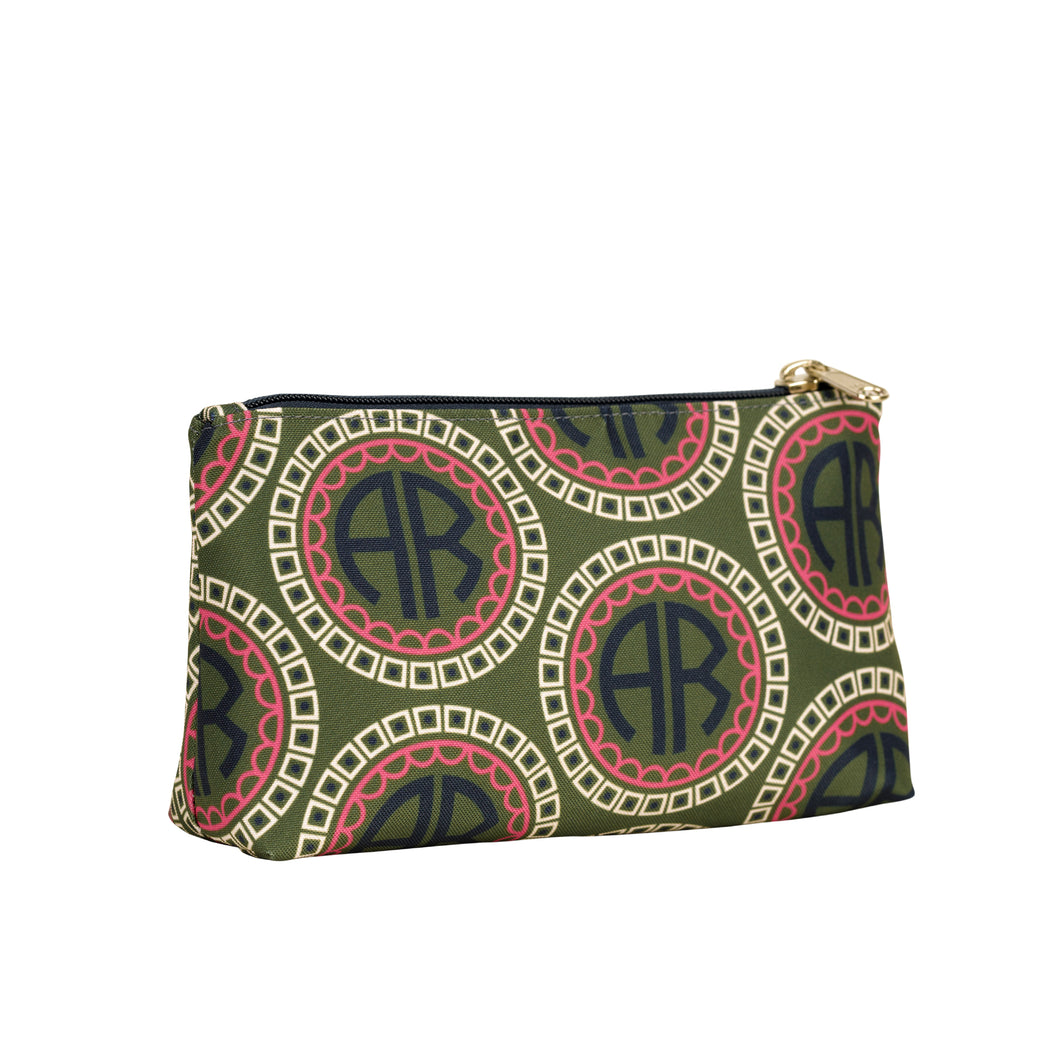 Moss green and berry pink monogrammed make up bag