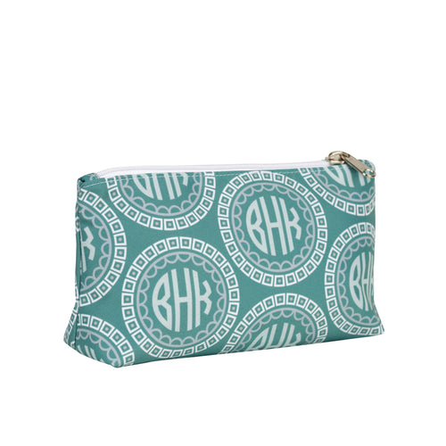 Gray and teal monogrammed make up bag